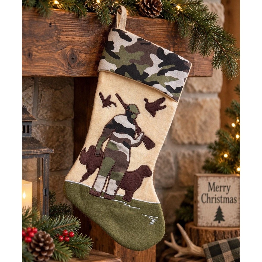 VTG Handmade Christmas Stocking Duck Hunter Hunting Dogs Camo Rustic Cabin Lodge
